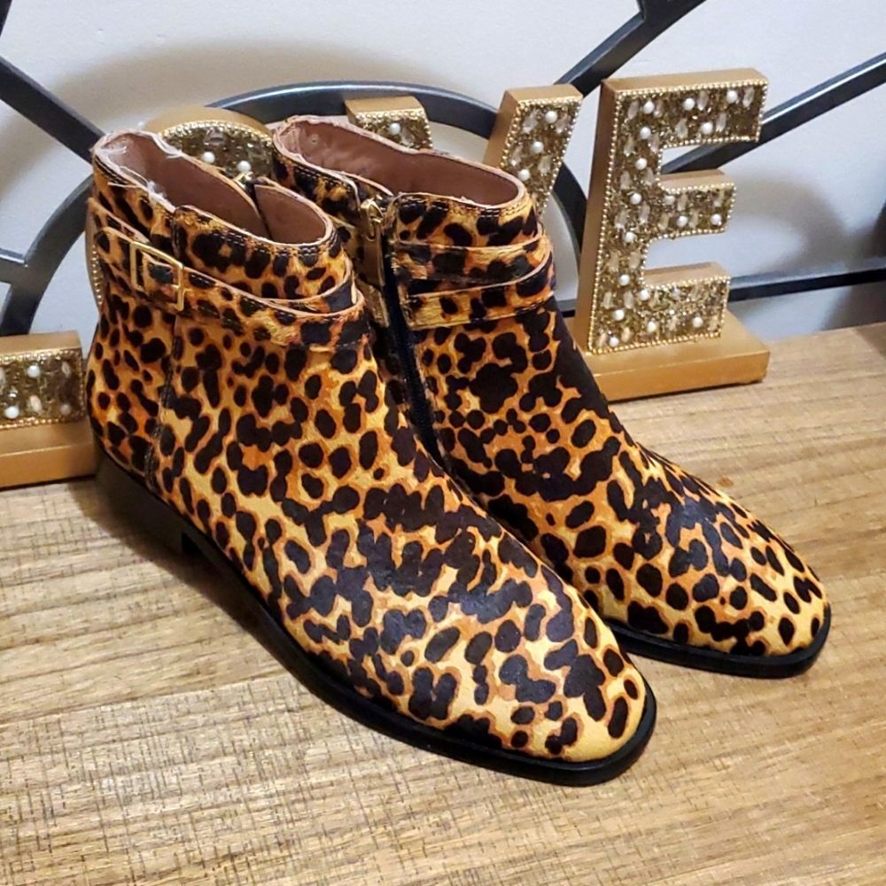J. Jill Melodie Women's Tan Camel Leopard Print Calf Hair Zip Up Booties Sz 6.5 - Picture 2 of 11